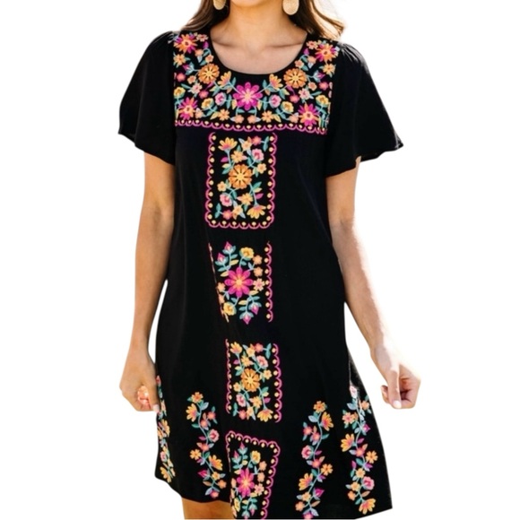 Savanna Jane Happy to See You Black Mini Dress, Colorful Floral Embroidery, Med - Picture 1 of 8